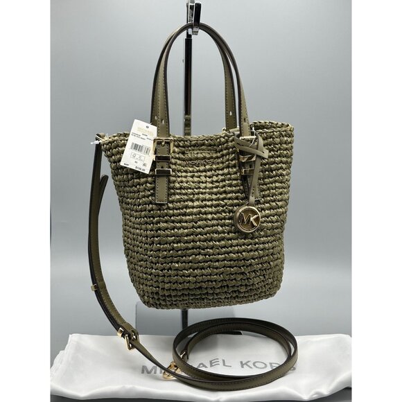 Michael Kors Safari Green Quinn Extra Small North South Straw Tote 32S5GQNC0W - Picture 12 of 16
